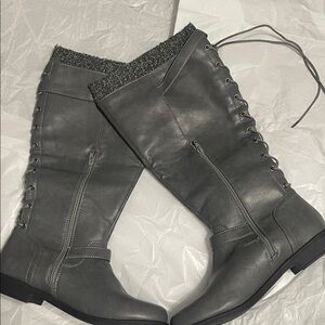Aurelia Gray Lace-Up Mid-Calf Buckle Boots